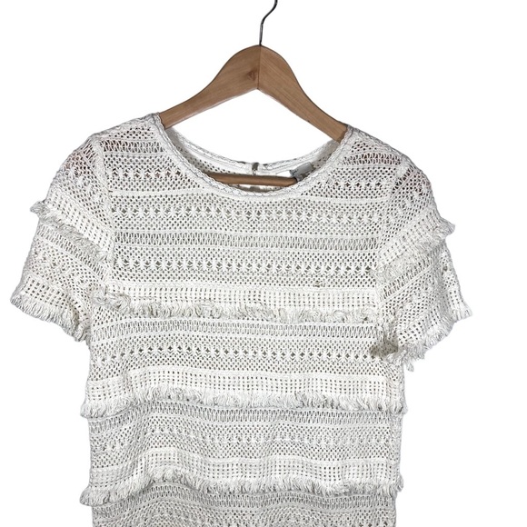 Joie Rafael Boho Cream Fringe Crochet Short Sleeve Top Size Small - Picture 4 of 7